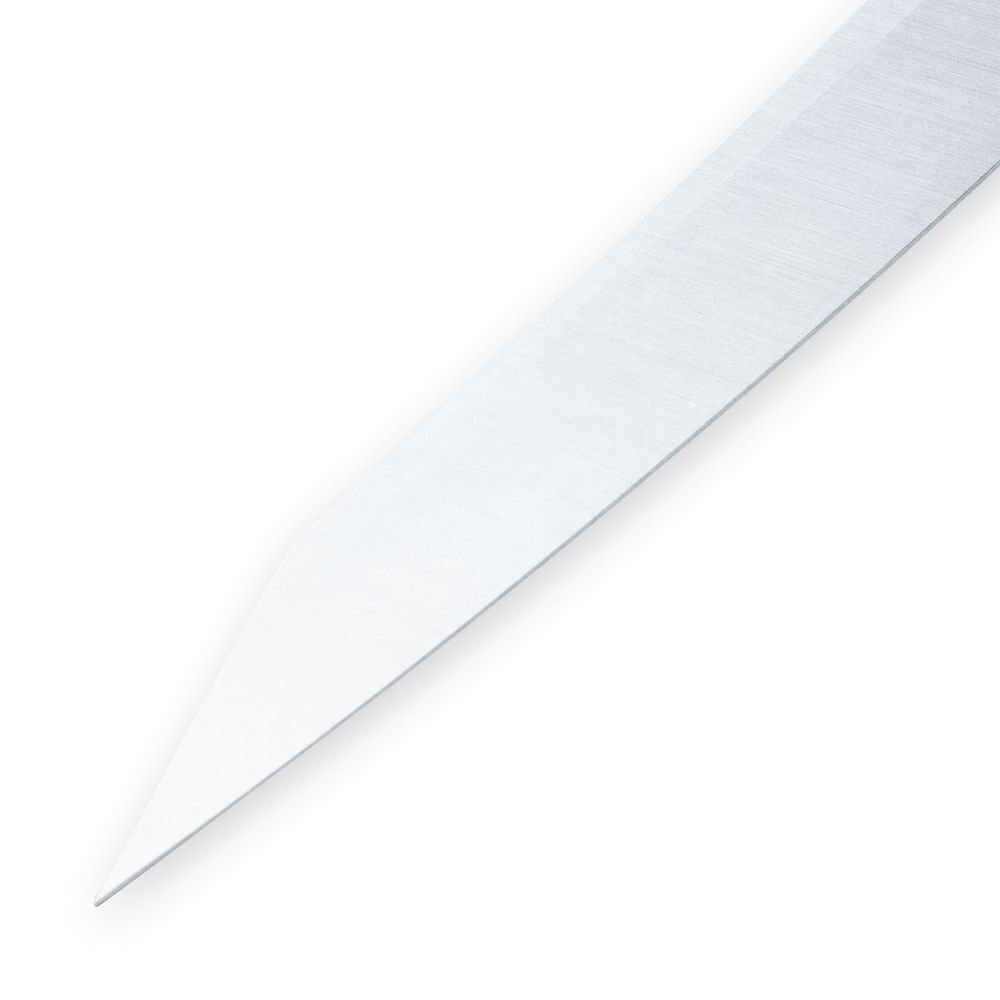 Stainless steel drop point knife tip on a plain background
