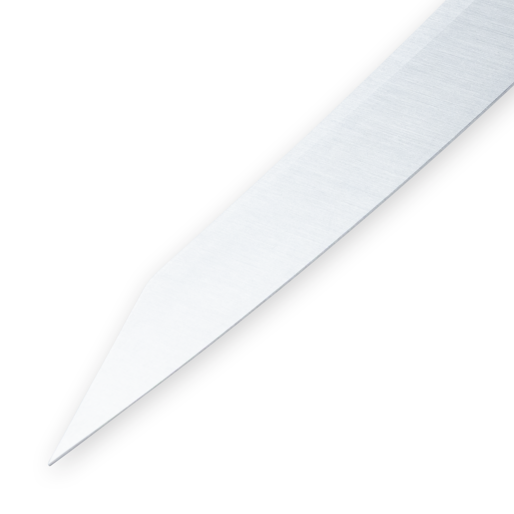 Stainless steel drop point knife tip on a plain background