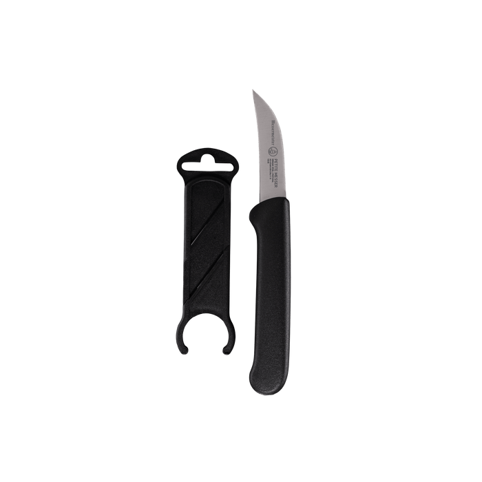 Messermeister Petite Messer Black Birds Beak Parer with Sheath - 2.5" - Made in Portugal - FRN Black Handle - X50 Steel