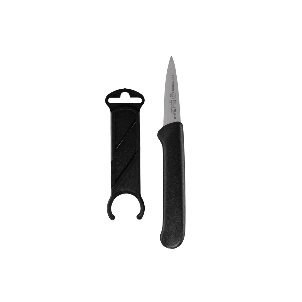 Messermeister Petite Messer Black Garnishing Knife with Sheath - 2" - Made in Portugal - FRN Black Handle - X50 Steel