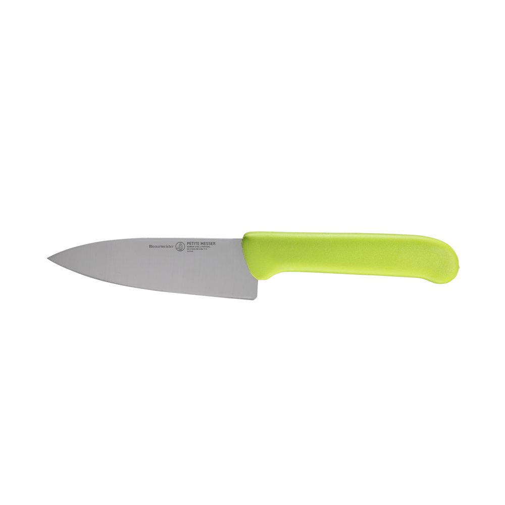 Side view of Messermeister Petite Messer Chef's Knife 5" with  Green Handle  