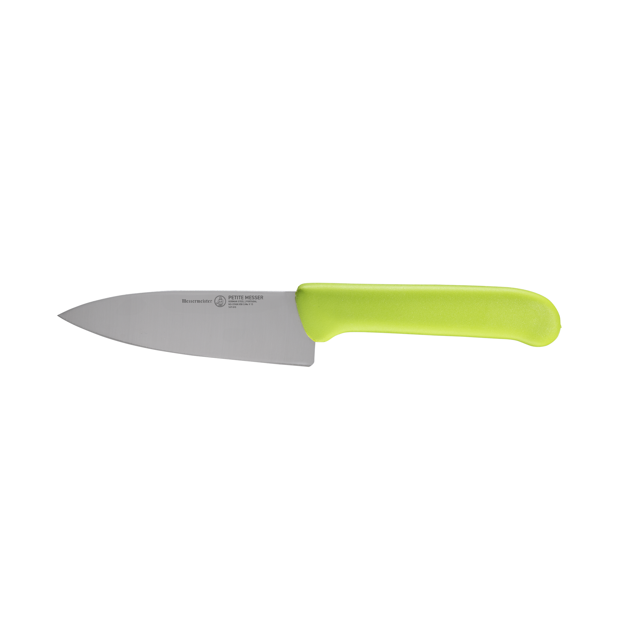 Side view of Messermeister Petite Messer Chef's Knife 5" with  Green Handle  