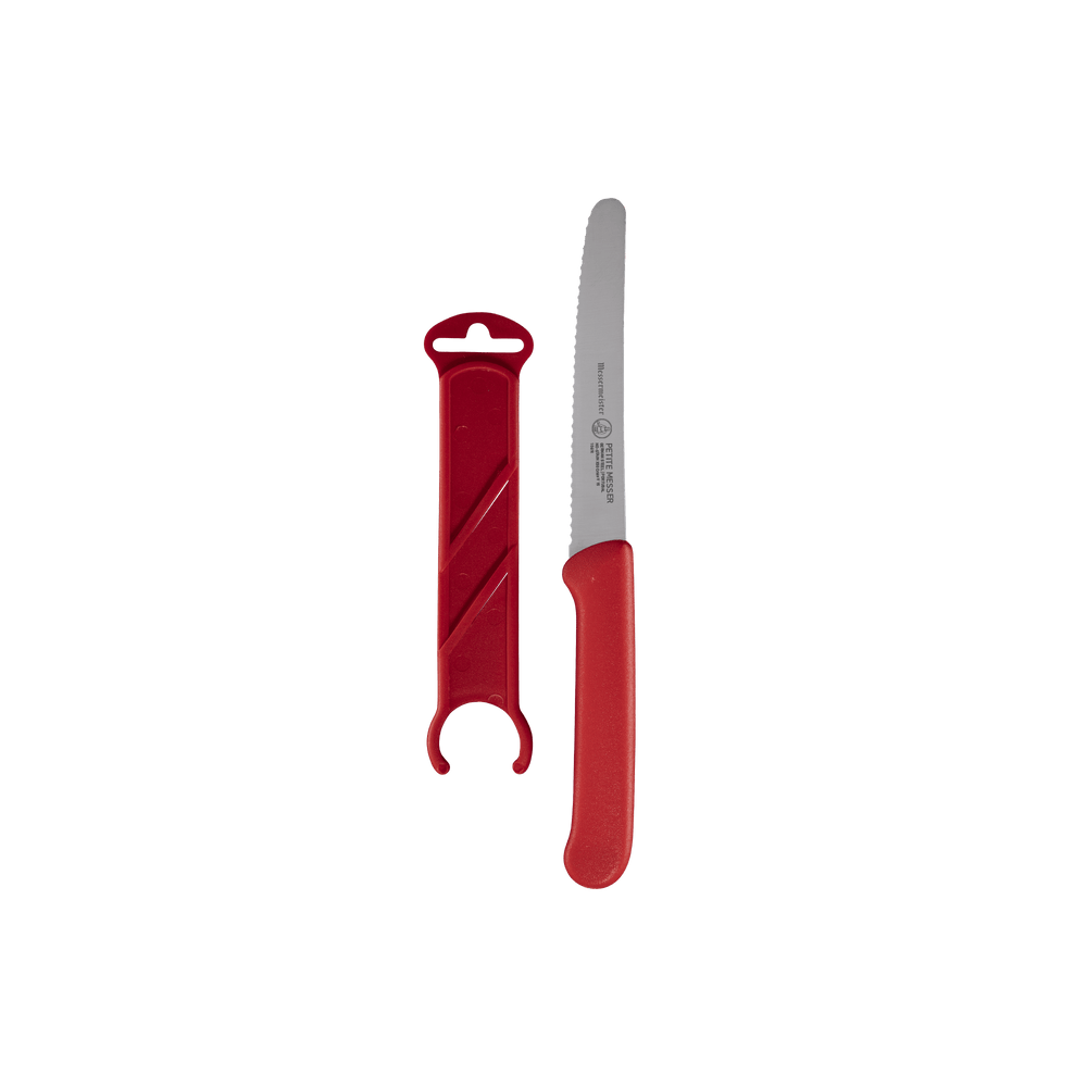 Messermeister Petite Messer Red Serrated Tomato Knife with Sheath - 4.5" - Made in Portugal - FRN Handle - 
X50 Steel