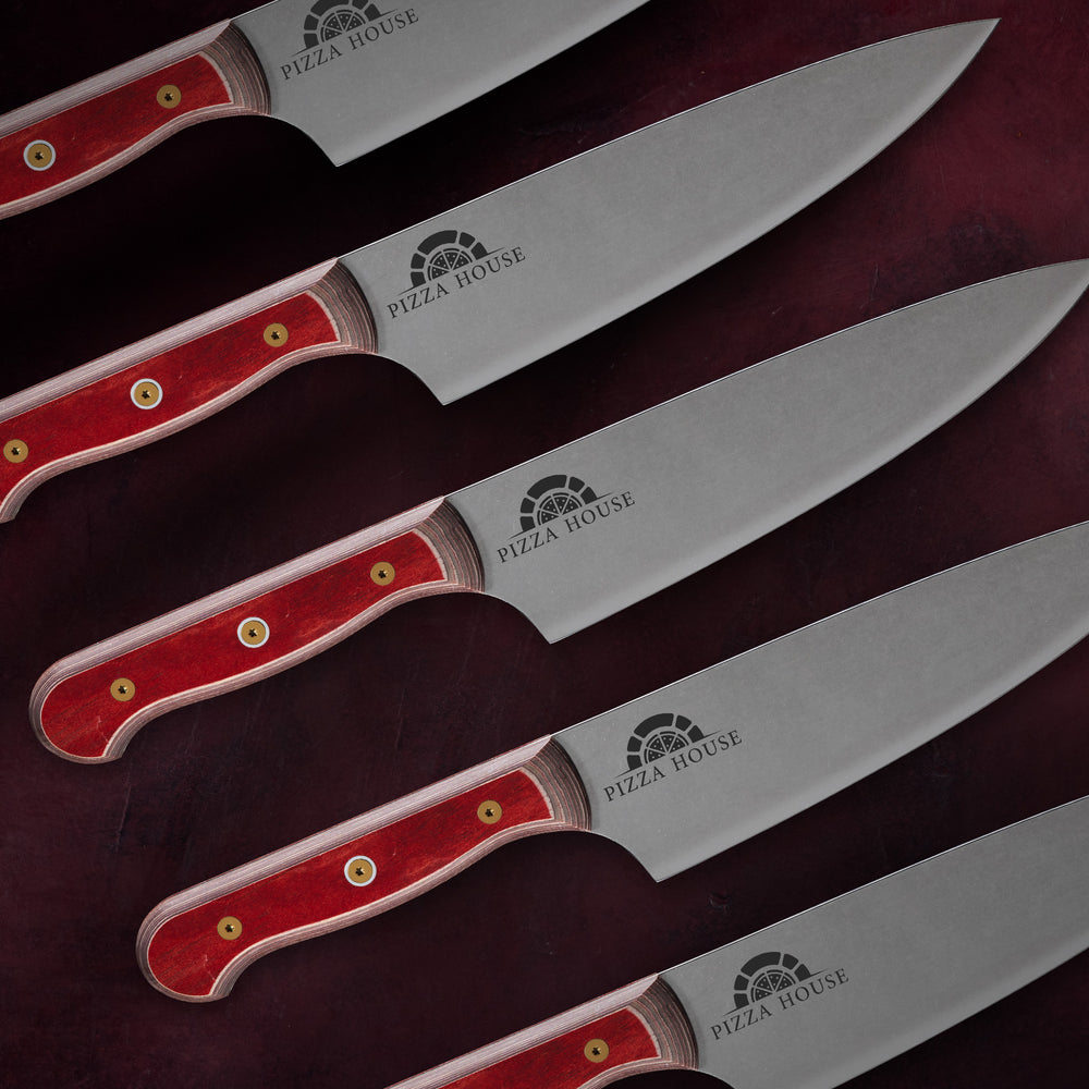 Pizza House Engraving Logo on a Custom Red Chef's Knife on a dark red background