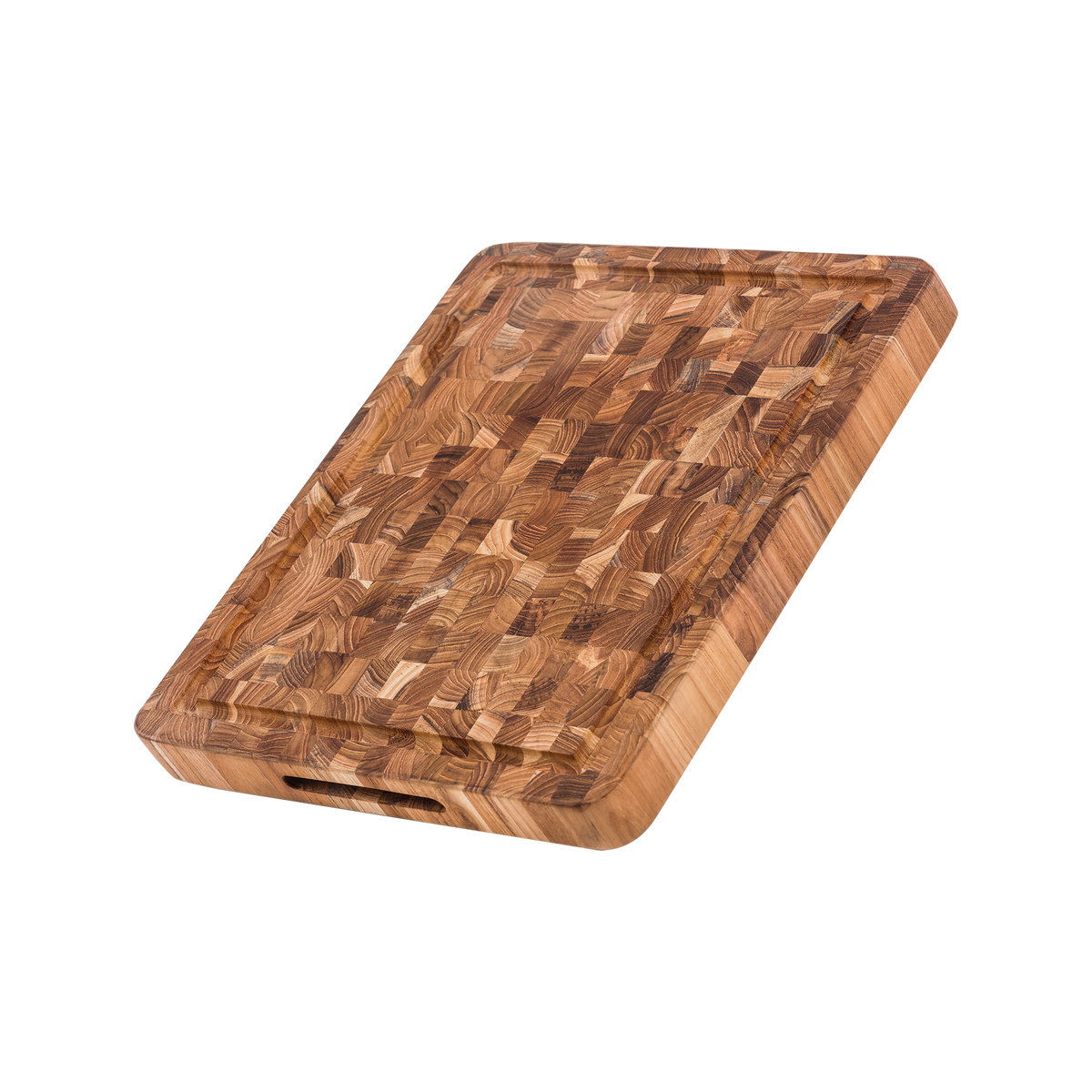 TeakHaus Butcher Block Carving Board, 16 x 12 inches, made from durable teak wood with a sturdy butcher block design for carving and serving meat shown angled down.