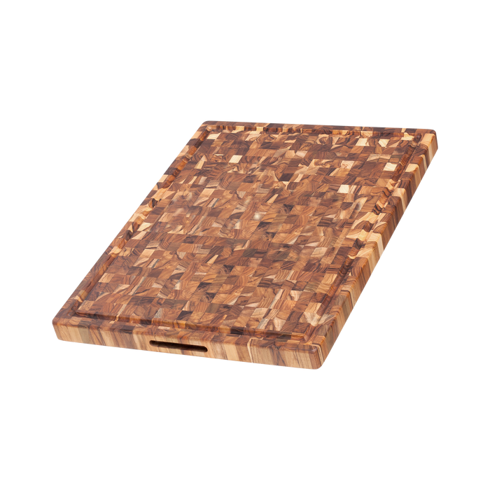 Teakhaus butcher block cutting board featuring a woven wood grain surface, juice groove, and integrated handle grip.