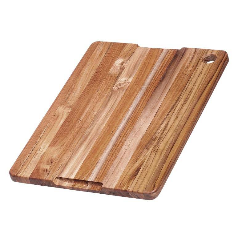 Back of Teakhaus marine cutting board featuring handle grooves, hanging hole, and natural wood grain.