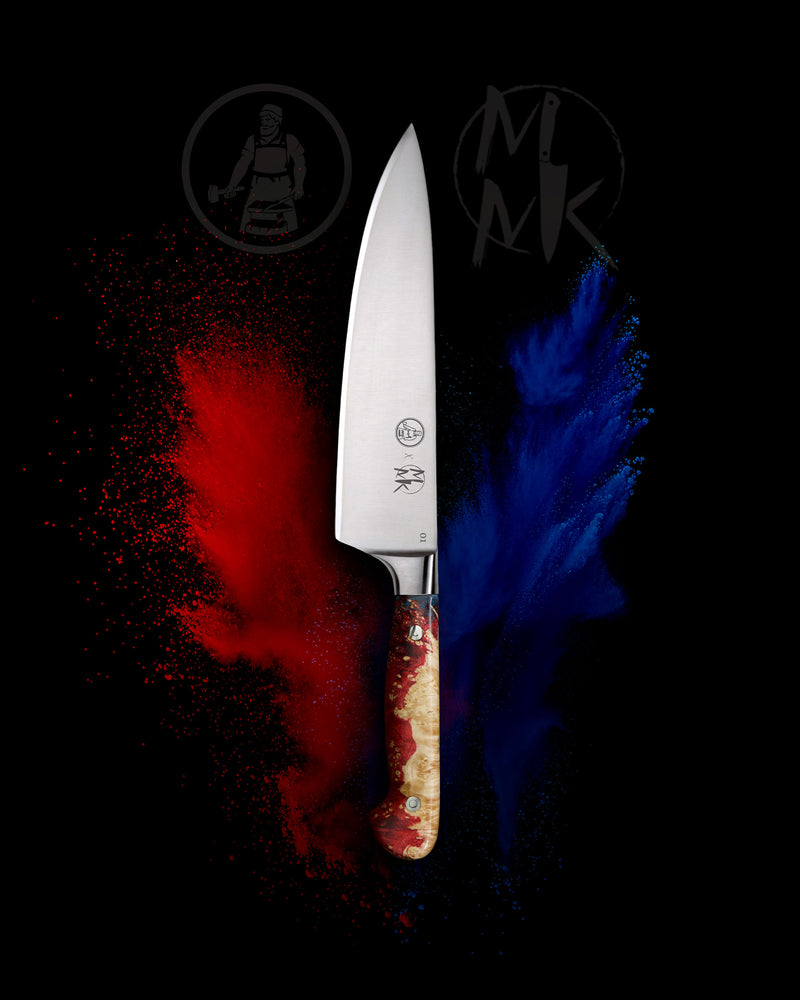 A chef's knife with a silver stainless steel blade and a marbled wood handle with red and brown tones, set against a black background with red and blue powder splashes and stylized brand logos.