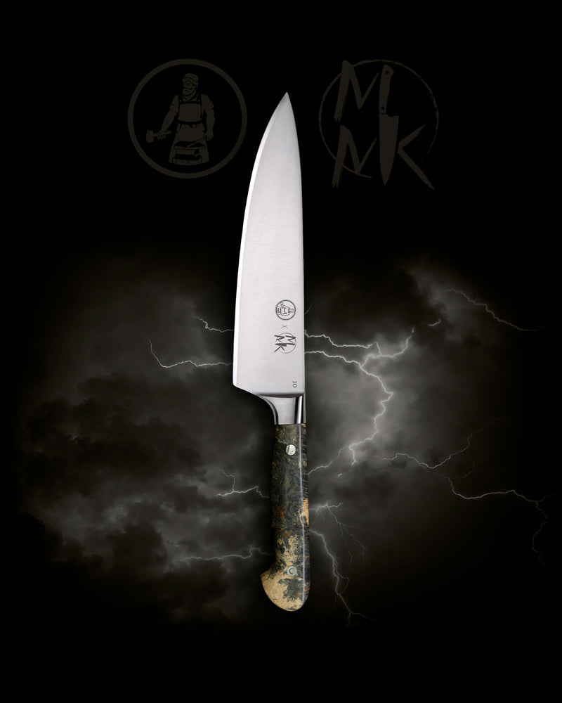 A chef's knife with a silver stainless steel blade and a textured, mottled dark brown and black handle, centered against a dark background with lightning effects and stylized brand logos.