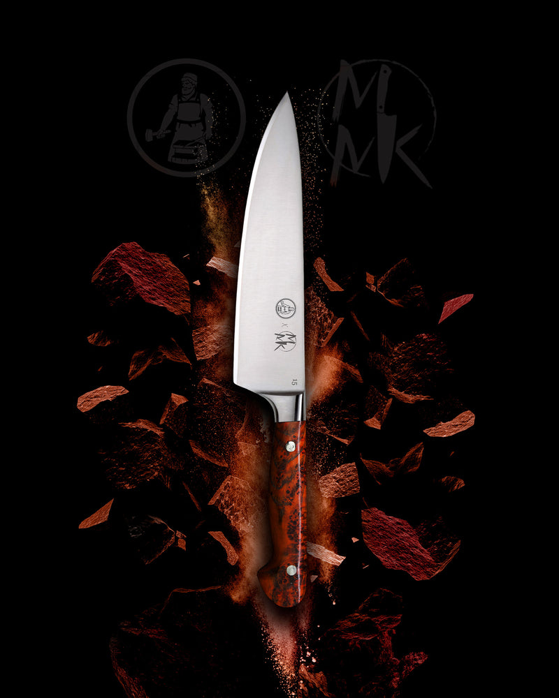 A chef's knife with a silver stainless steel blade and a reddish-brown wood-grain handle, centered against a black background with dramatic red and orange embers or ash around it. Two dark logos are faintly visible in the background.
