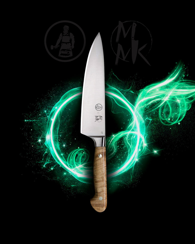 A professional chef's knife with a silver stainless steel blade and a light brown wood-grain handle, centered against a black background with glowing green digital swirls and stylized 'MK' logos.