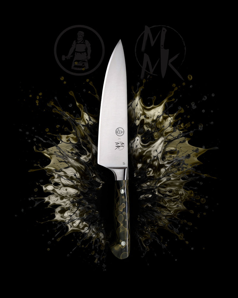 A professional chef's knife with a silver stainless steel blade and a dark, patterned handle, centered against a black background with a stylized gold and black paint splatter graphic and the MK logo.