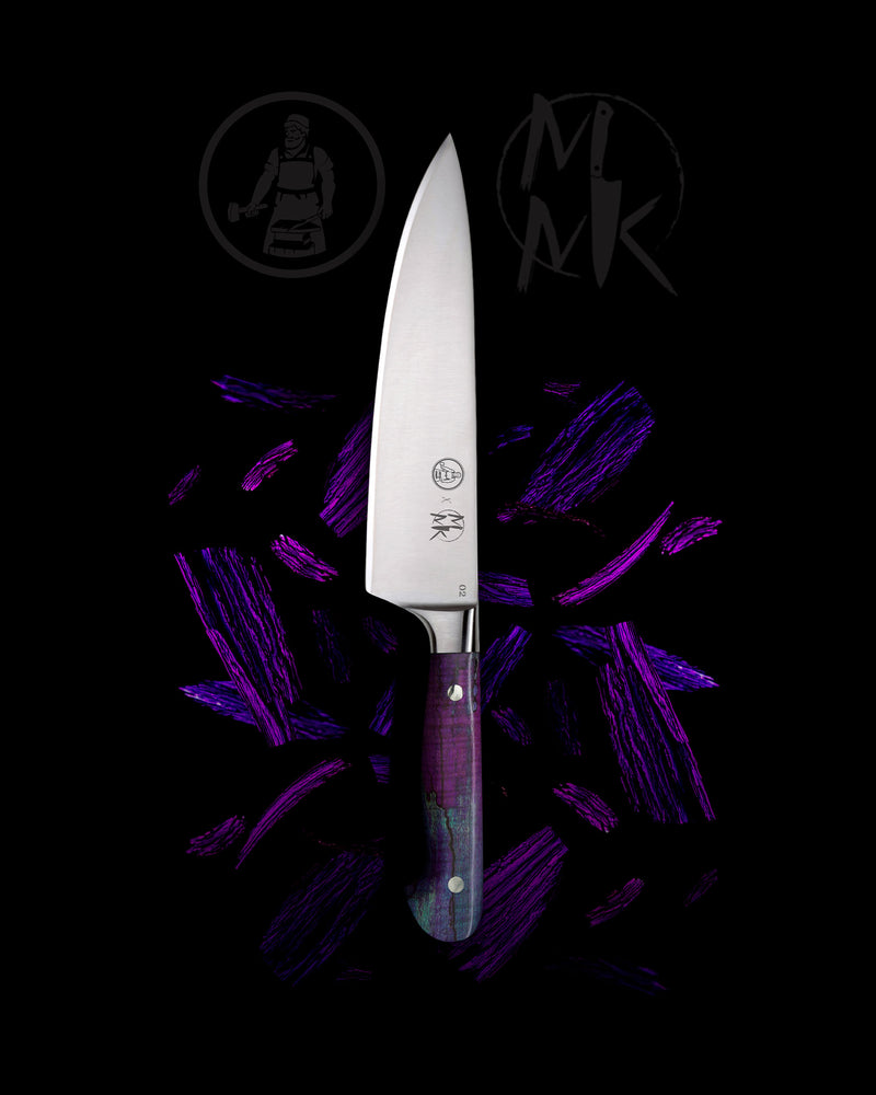 A chef's knife with a silver stainless steel blade and a purple marbled handle, centered against a black background with stylized purple wood textures and faint brand logos.