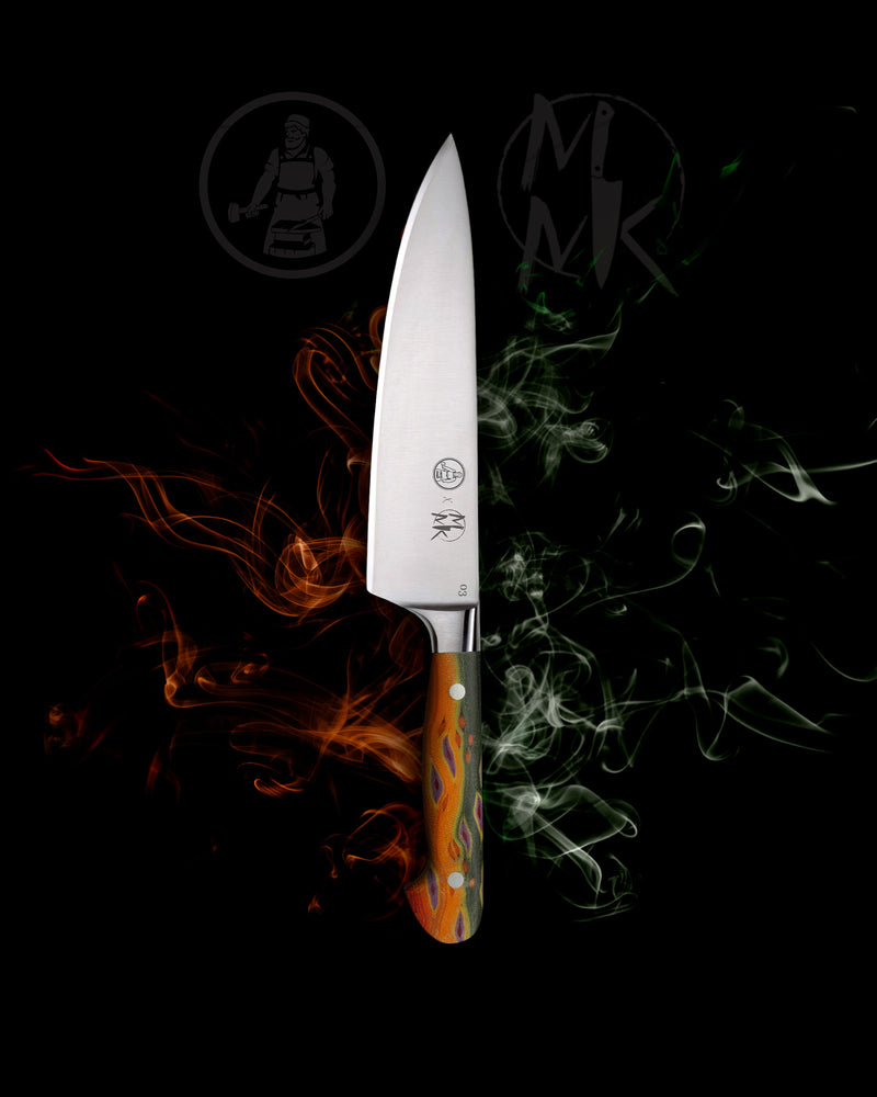 A single chef's knife with a silver stainless steel blade and a marbled orange, yellow, and brown handle, centered on a black background with stylized smoke effects and faint brand logos.