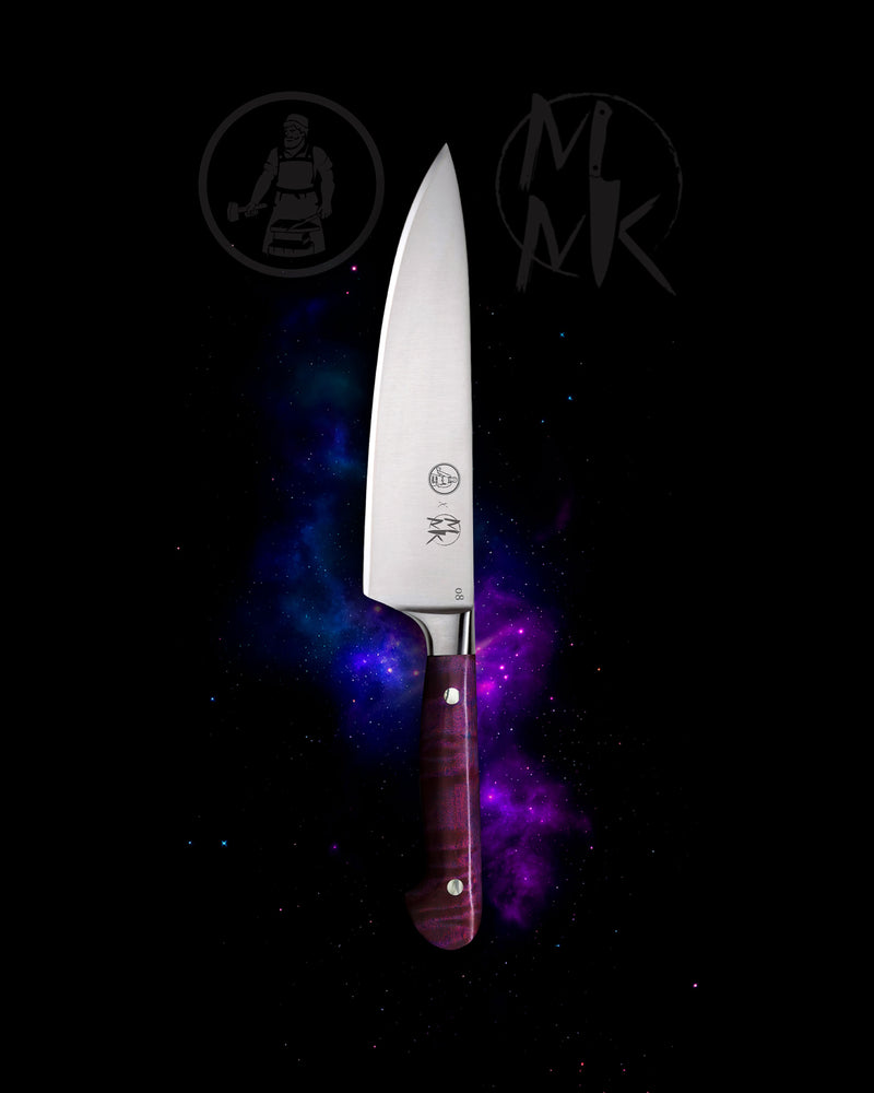 A chef's knife with a silver stainless steel blade and a dark purple marbled wooden handle, centered against a black background with a purple cosmic nebula effect and faint brand logos.
