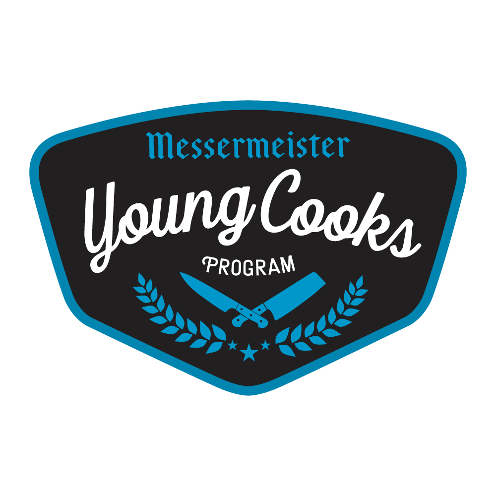 Logo for Messermeister Young Cooks Program with black background and blue accents.