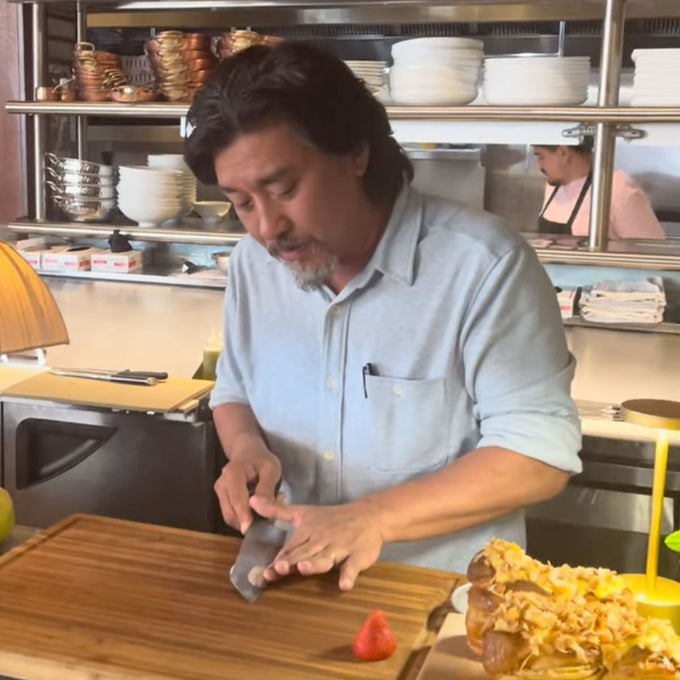 Chef Edward Lee doing a knife demo with his Bunka Chef Knife