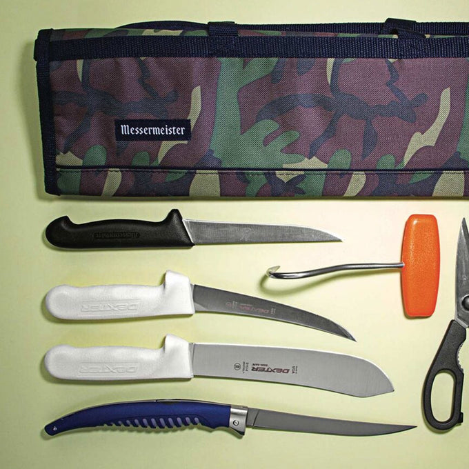 Set of knives with Messermeister Camo Knife Bag on lime background