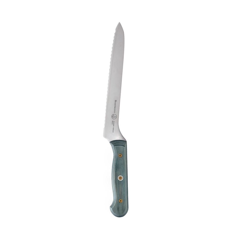 Messermeister Custom Blue 8-inch scalloped offset knife featuring serrated scalloped stainless steel blade and blue handle