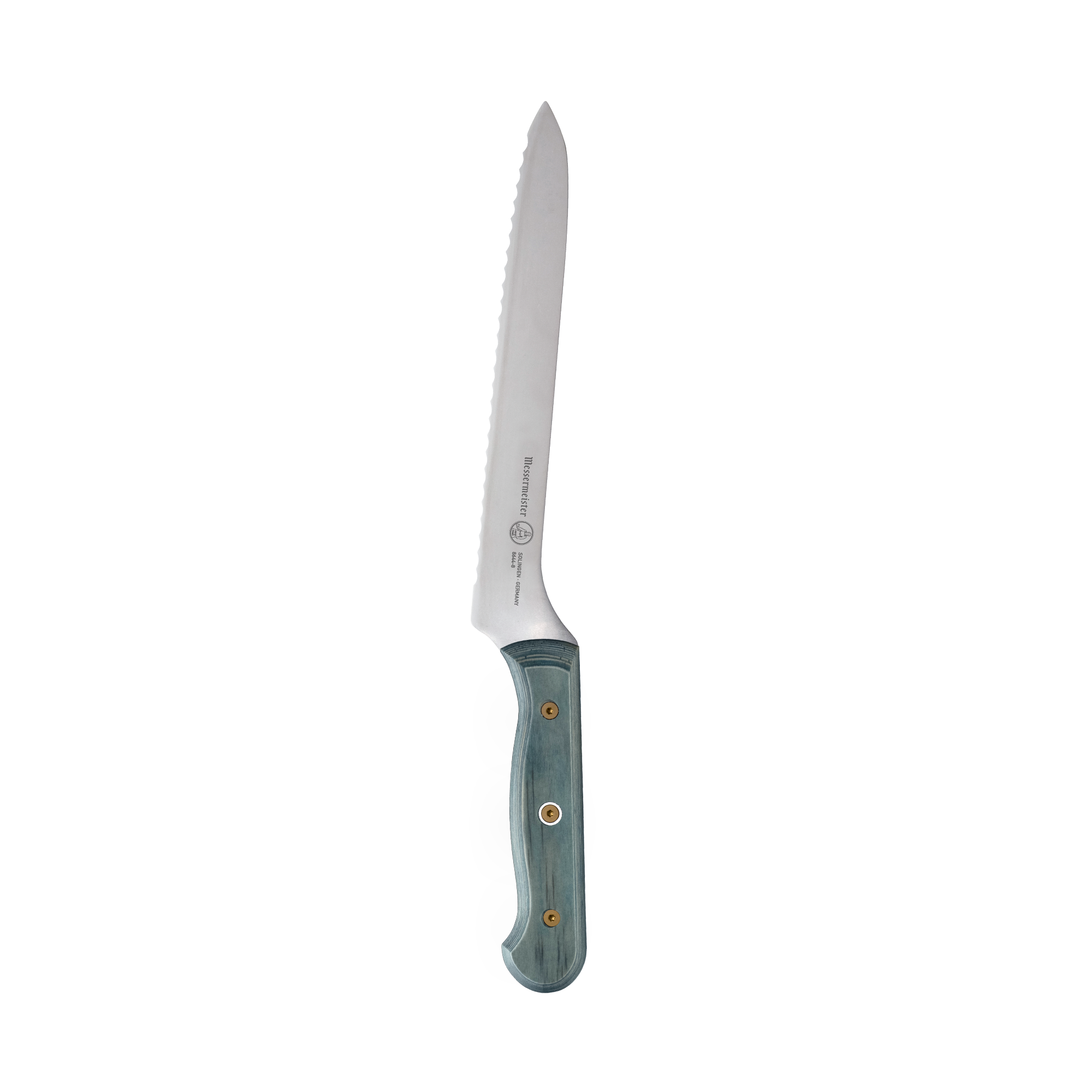 Messermeister Custom Blue 8-inch scalloped offset knife featuring serrated scalloped stainless steel blade and blue handle