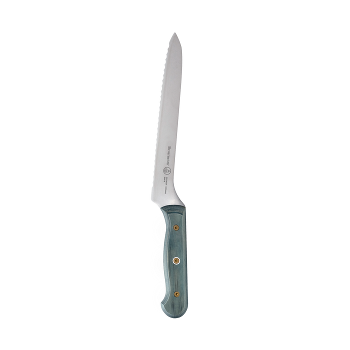 Messermeister Custom Blue 8-inch scalloped offset knife featuring serrated scalloped stainless steel blade and blue handle