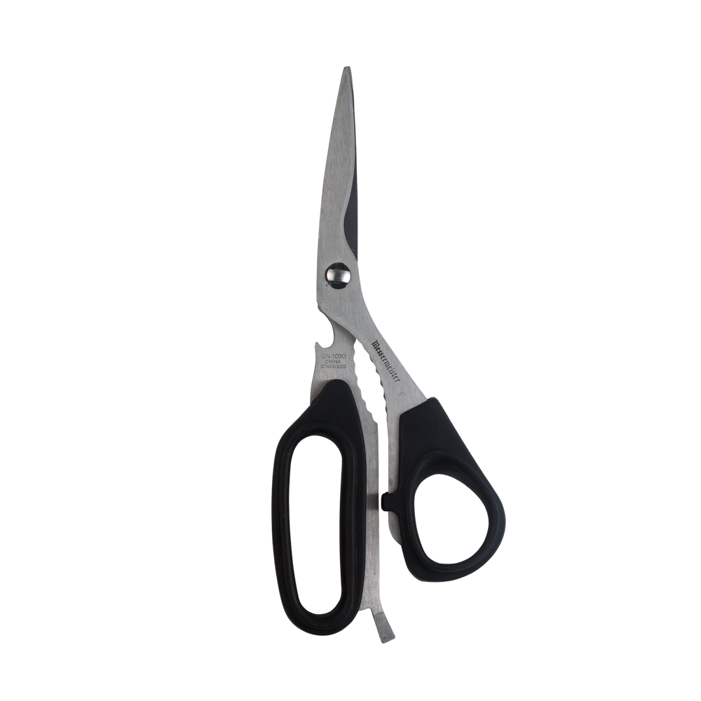 Messermeister 8.5-inch take-apart utility shears with sharp stainless steel blades and ergonomic handles, designed for versatile kitchen and household cutting tasks with an easy-disassembly feature for thorough cleaning