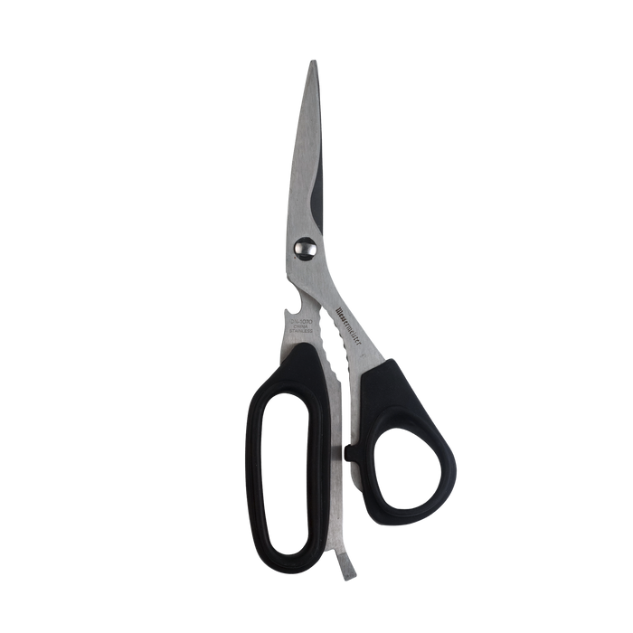 Messermeister 8.5-inch take-apart utility shears with sharp stainless steel blades and ergonomic handles, designed for versatile kitchen and household cutting tasks with an easy-disassembly feature for thorough cleaning