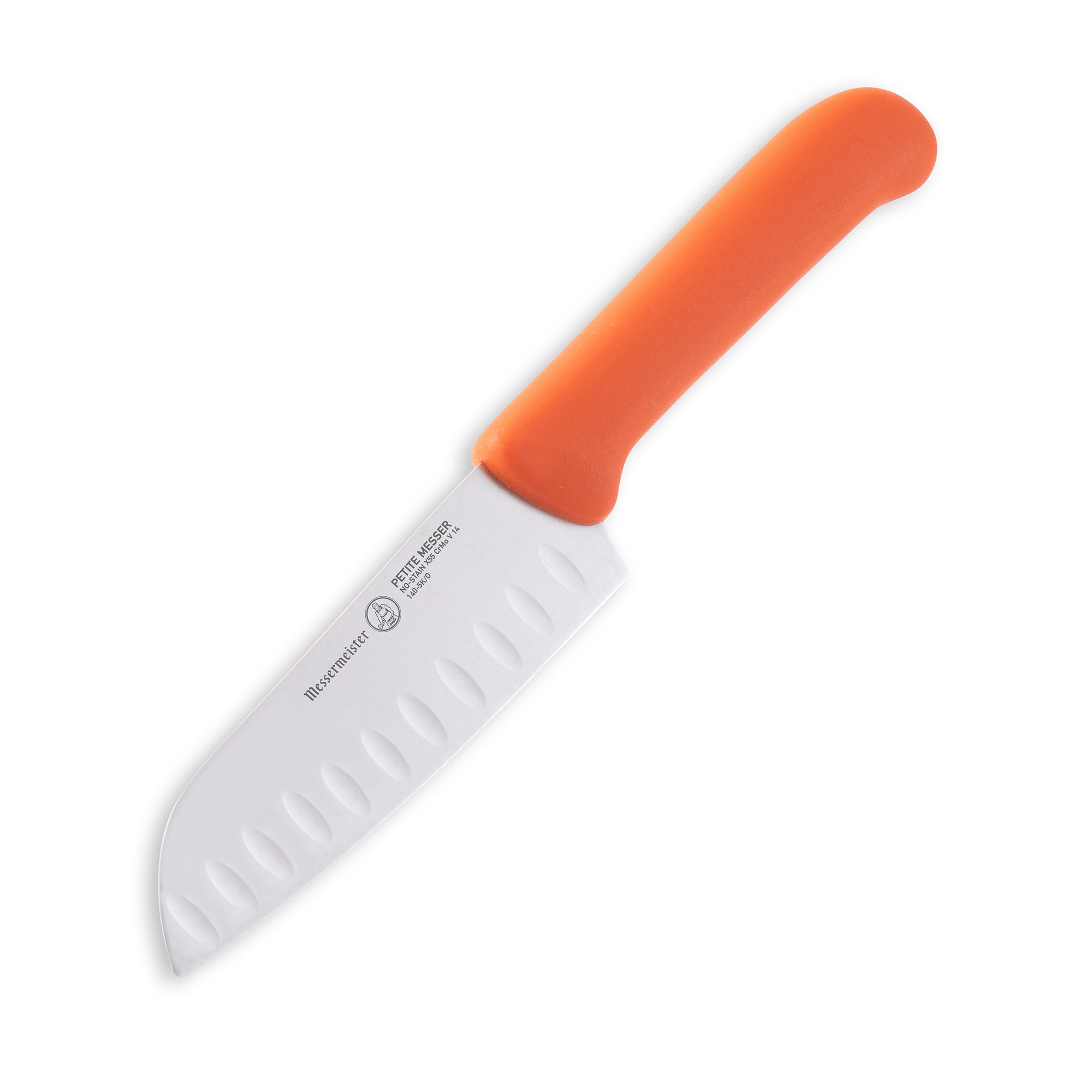 Messermeister Petite Stainless Steel Messer Kullenschliff Santoku Knife, 5 inch, Orange