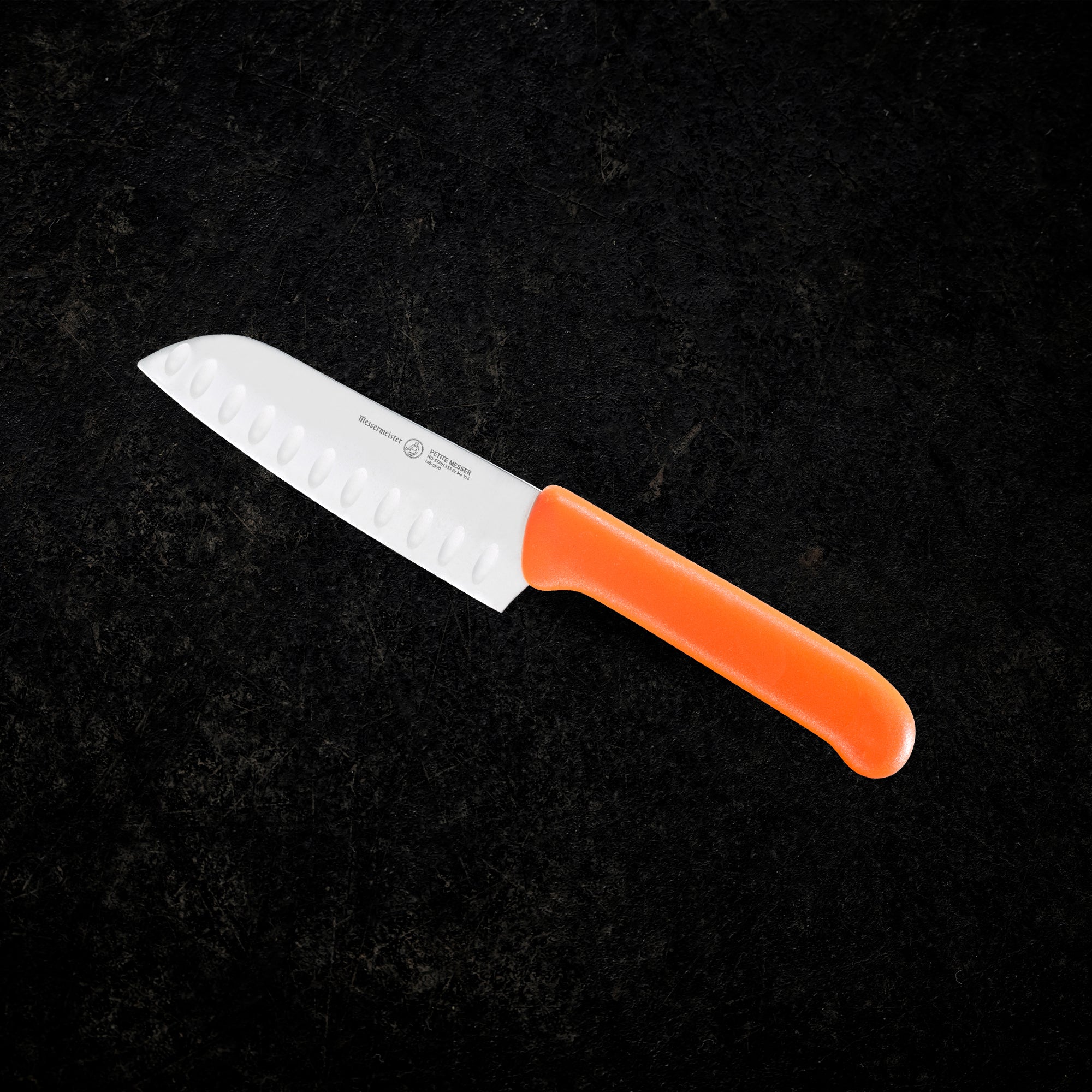 Messermeister Petite Stainless Steel Messer Kullenschliff Santoku Knife, 5 inch, Orange