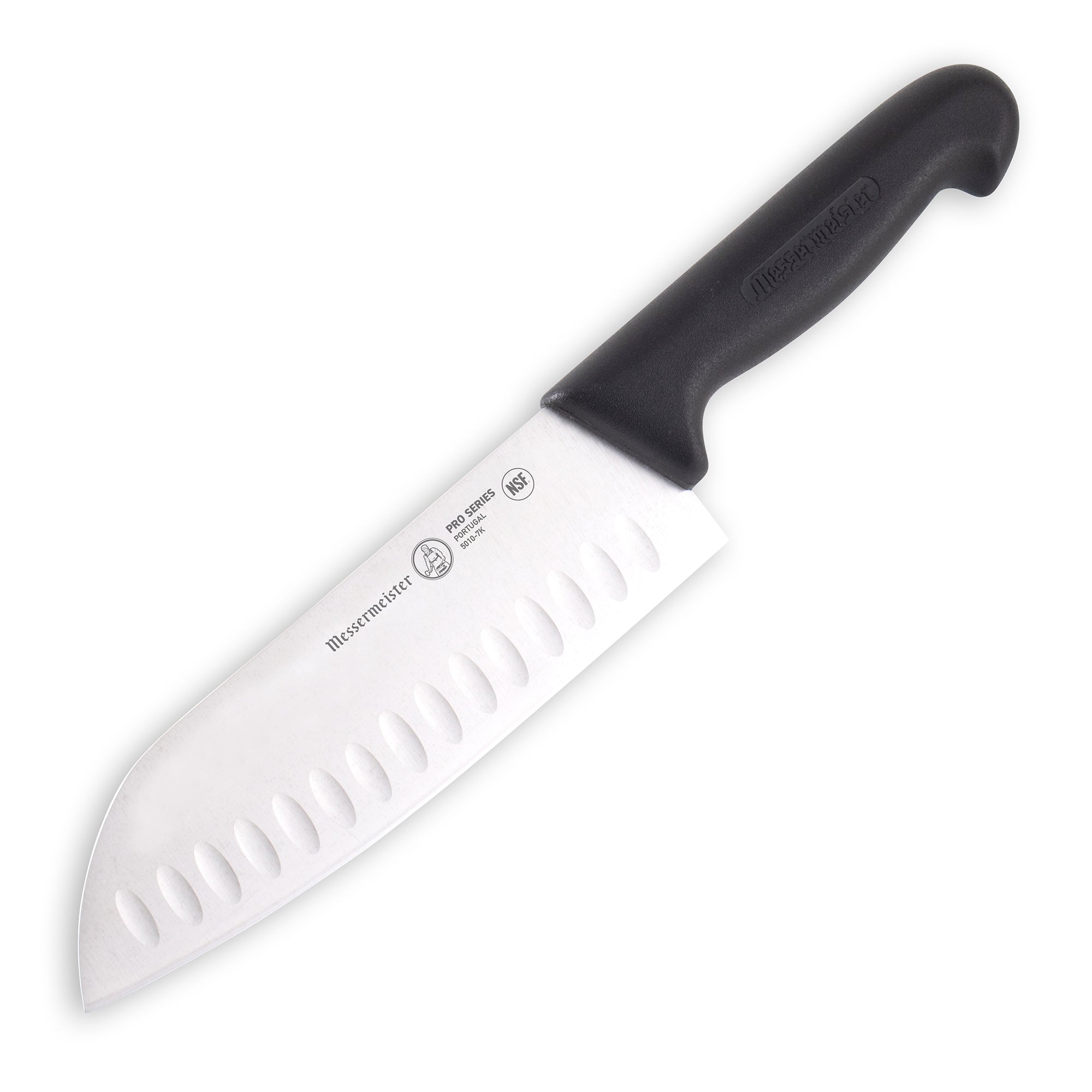 Messermeister Petite Stainless Steel Messer Kullenschliff Santoku Knife, 5 inch, Orange