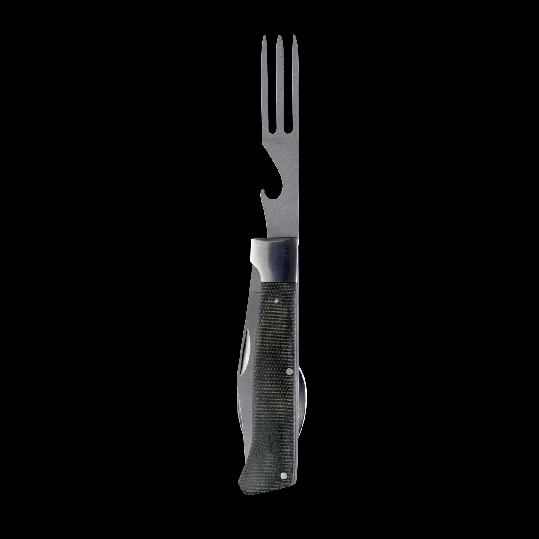 Messermeister Adventure Chef folding camp utensil stainless steel fork with linen handle, portable for camping and outdoor meals.