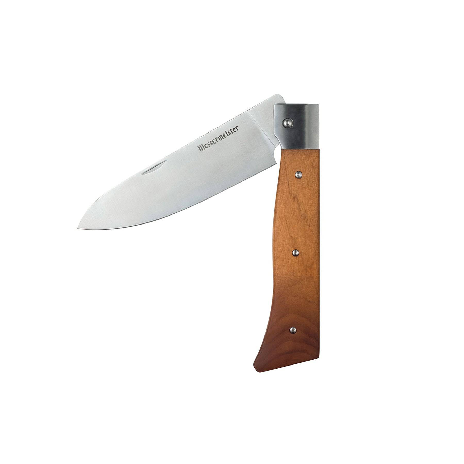 Messermeister Adventure Chef maple folding chef’s knife folded for safe travel and storage.