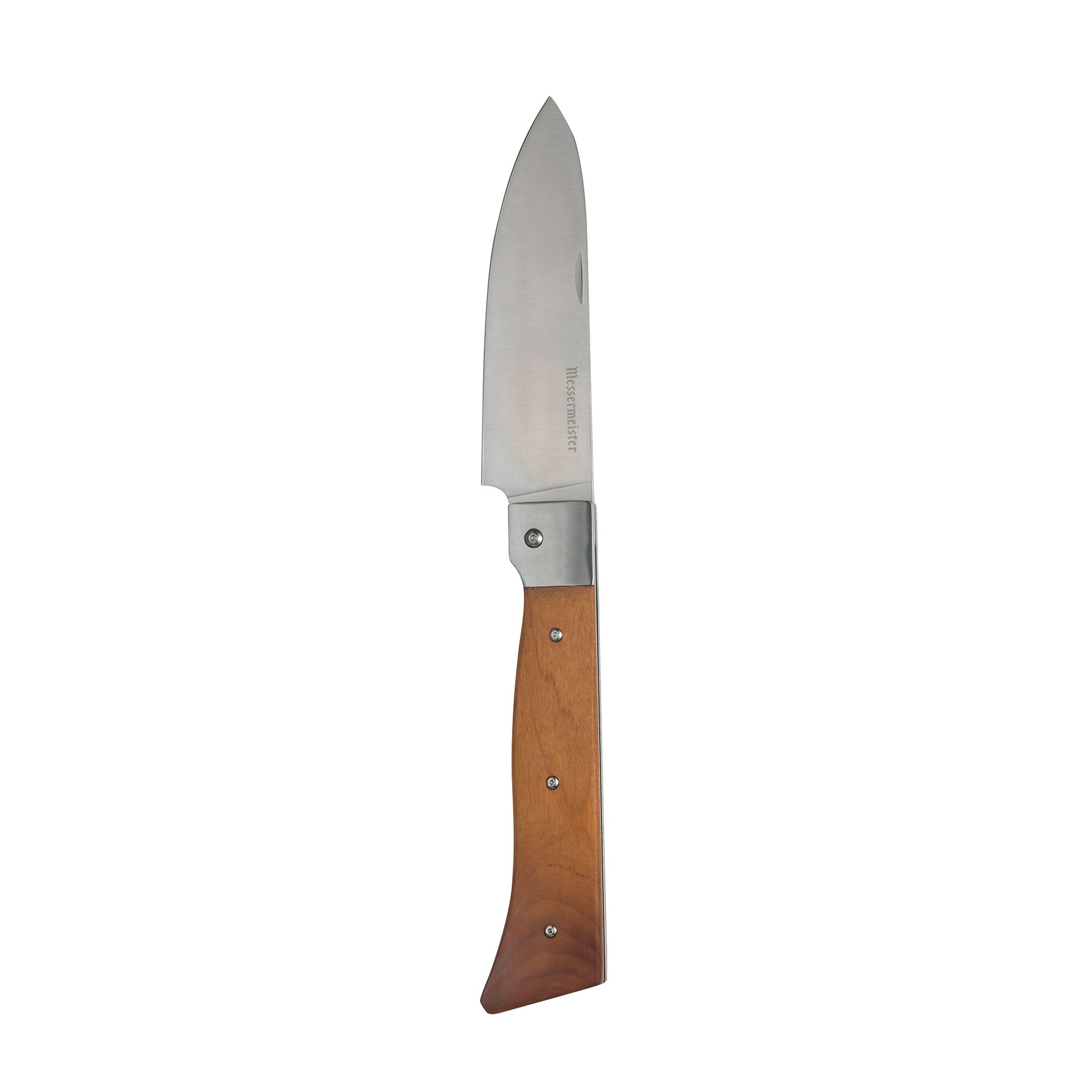 Messermeister - Adventure Chef 6 inch folding chef knife with maple wood handle fully opened.