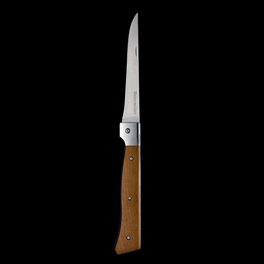Adventure Chef 6 inch folding flexible fillet knife with maple wood handle fully opened.