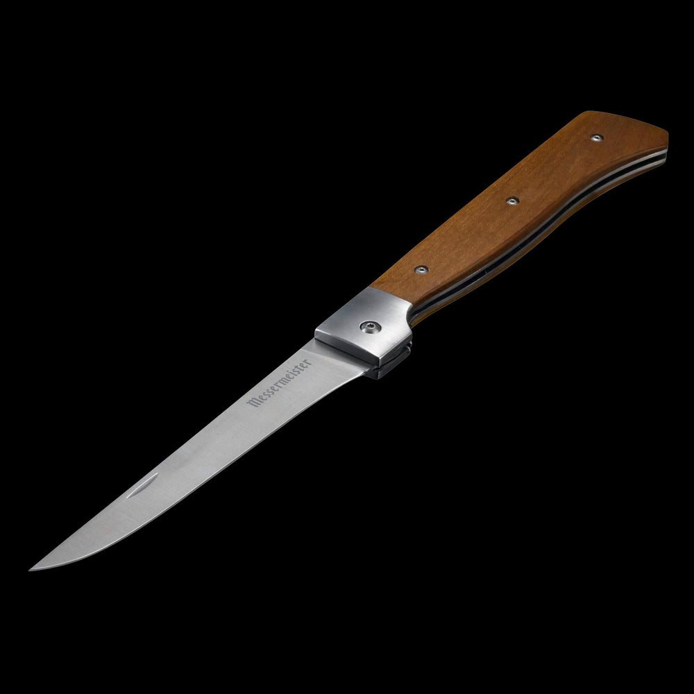 Adventure Chef 6 inch folding flexible fillet knife with maple wood handle fully opened.