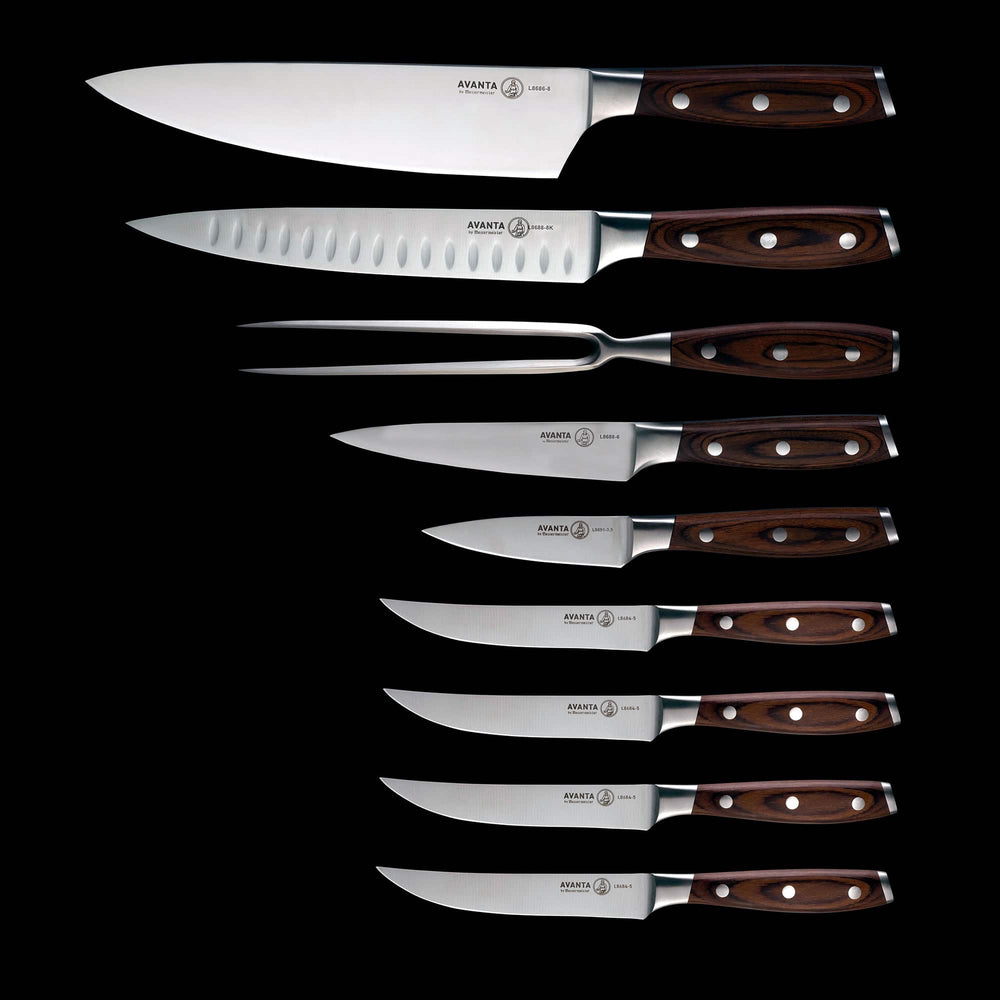 Messermeister Avanta Pakkawood 10 Piece Knife Block Set - Made in China - Brazilian Brown Pakkawood Handle - X50 Steel