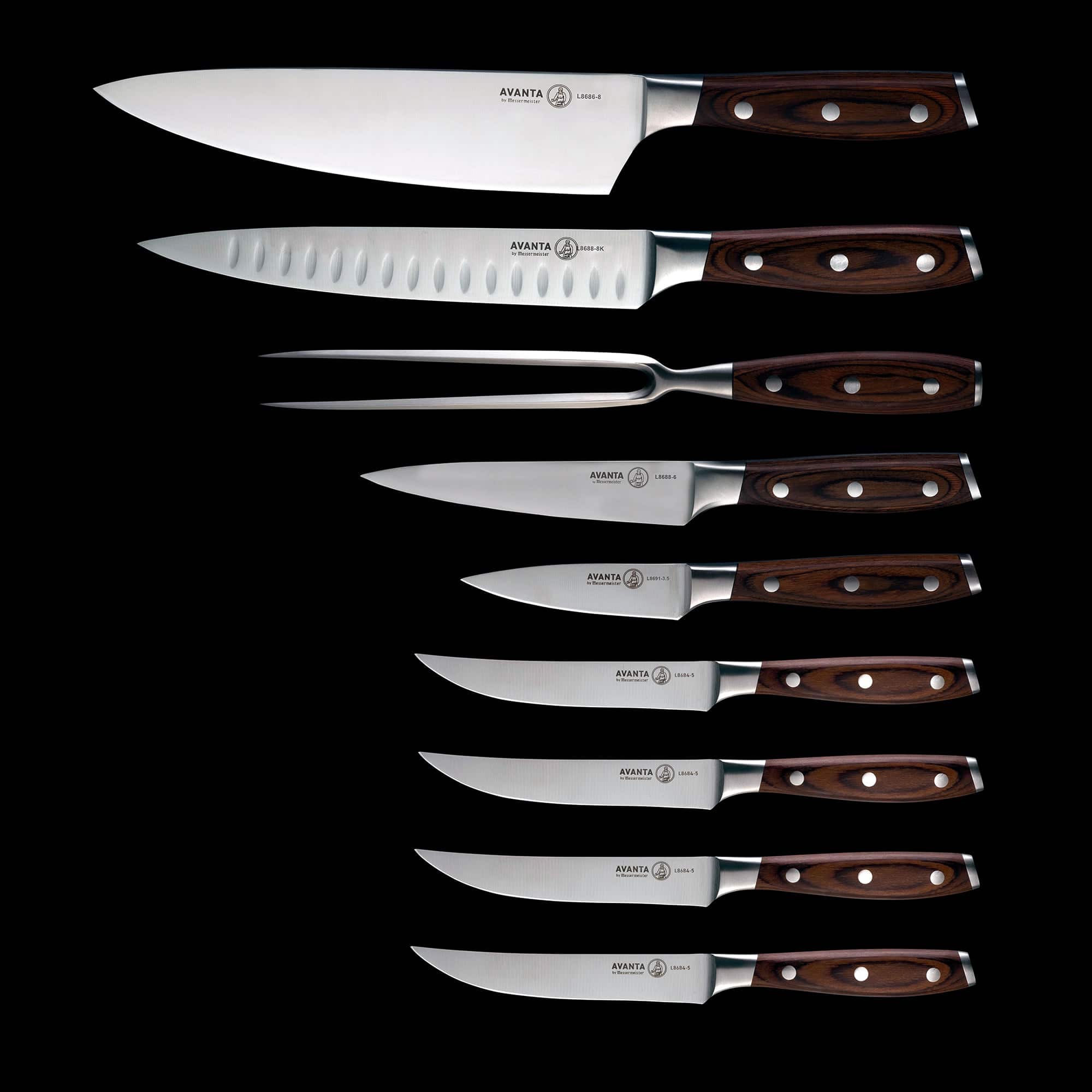 Messermeister Avanta Pakkawood 10 Piece Knife Block Set - Made in China - Brazilian Brown Pakkawood Handle - X50 Steel