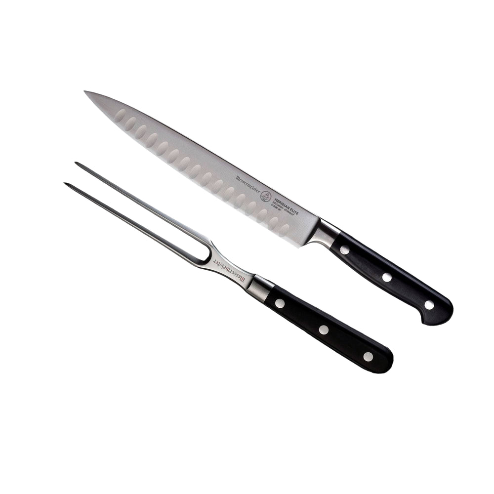 Messermeister Meridian Elite 2 Piece Kullens Carving Set - 8 inch Carving Knife with Kullens and 2 prong fork both with triple rivet black handles