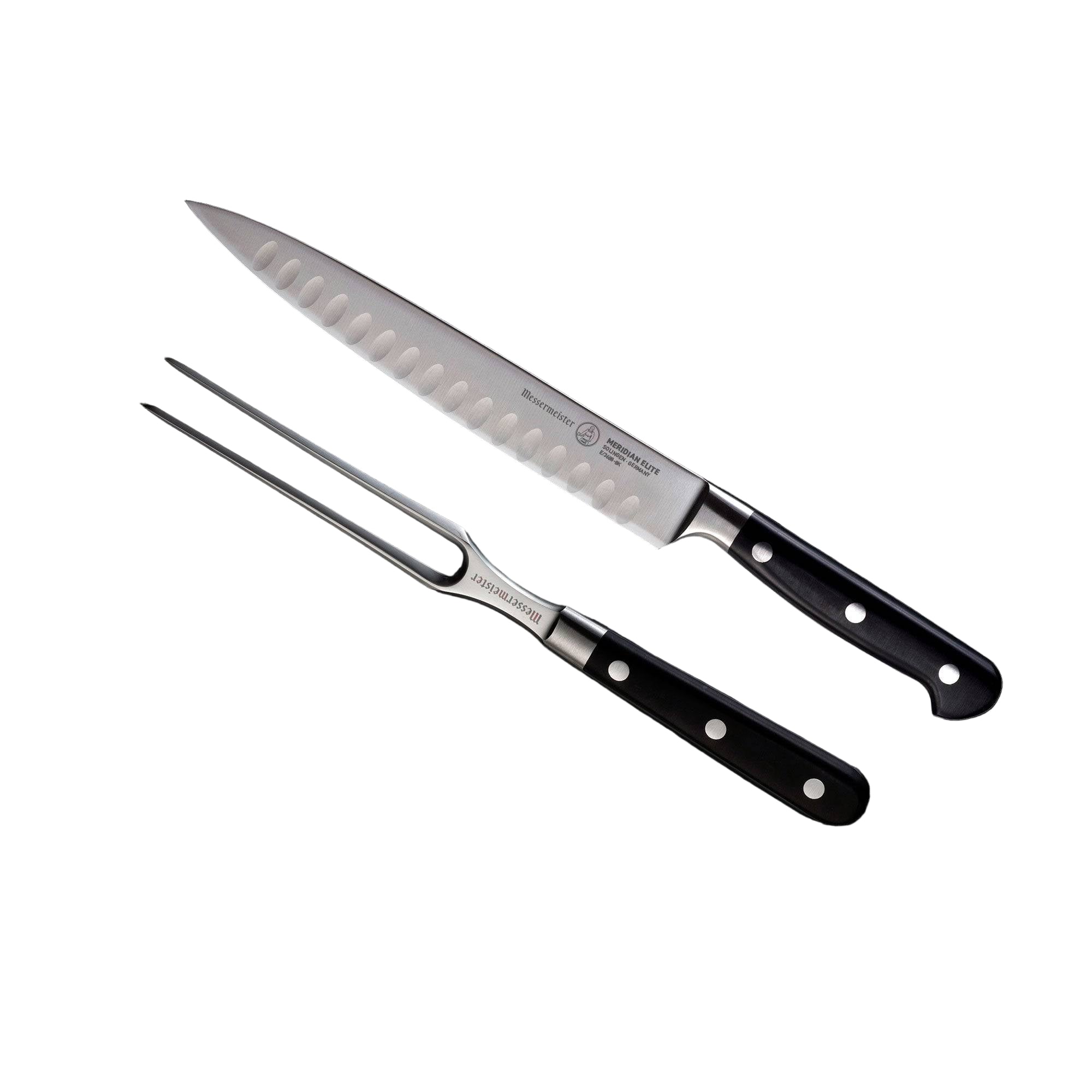 Messermeister Meridian Elite 2 Piece Kullens Carving Set - 8 inch Carving Knife with Kullens and 2 prong fork both with triple rivet black handles