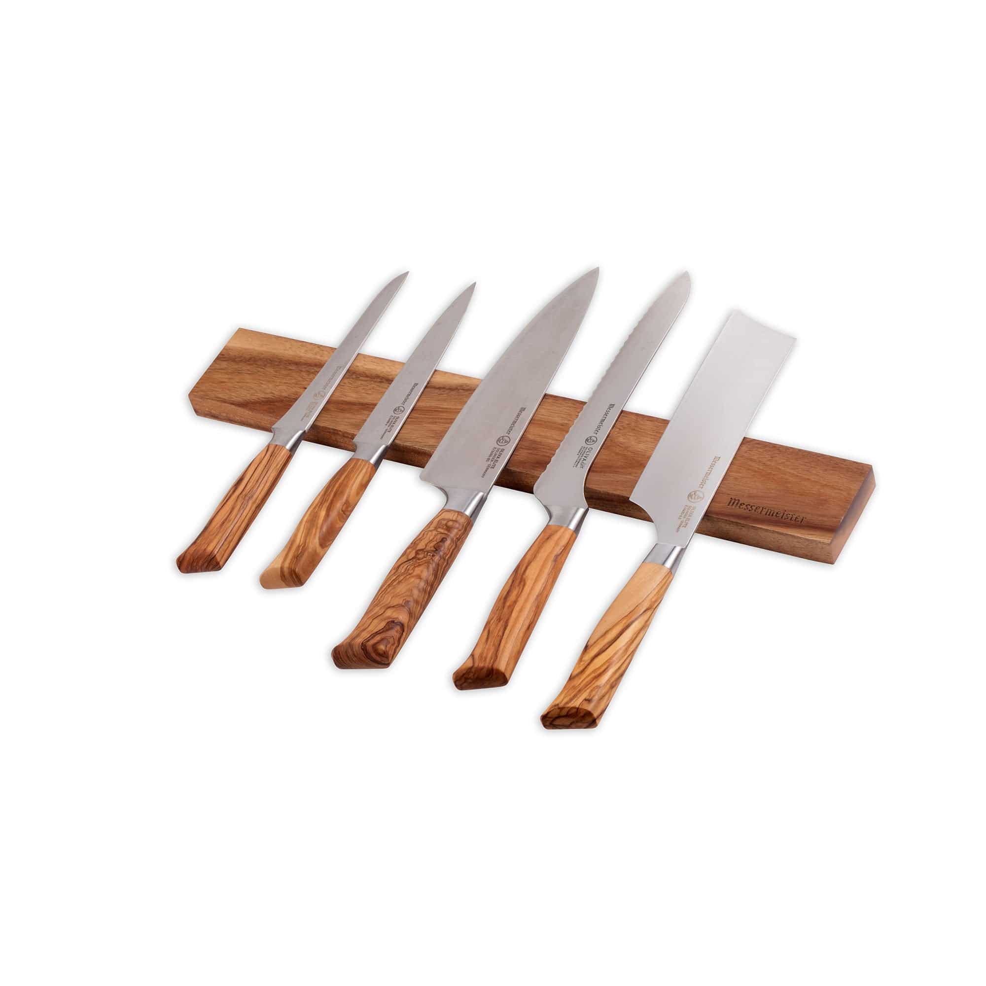 Messermeister Acacia Knife Magnet Bar with 5 wood handles knives resting along the bar. Pictured on a white background.
