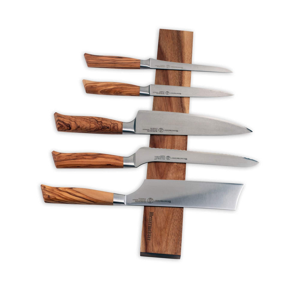 Messermeister Acacia Knife Magnet Bar with 5 wood handles knives resting along the bar. Bar is pointed vertically with the knife handles to the left.