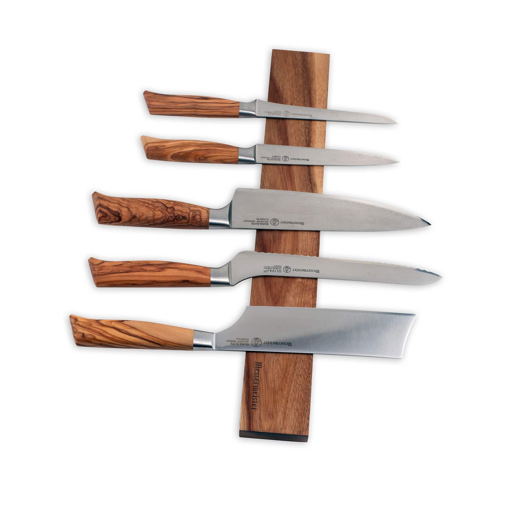 Messermeister Acacia Knife Magnet Bar with 5 wood handles knives resting along the bar. Bar is pointed vertically with the knife handles to the left.