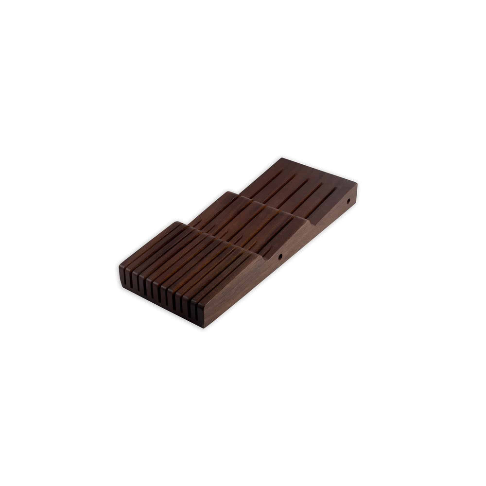 Messermeister 11 Slot Contemporary Acacia In-Drawer Knife Holder shows the 3 layered wood storage unit on a white background pointing to the right.