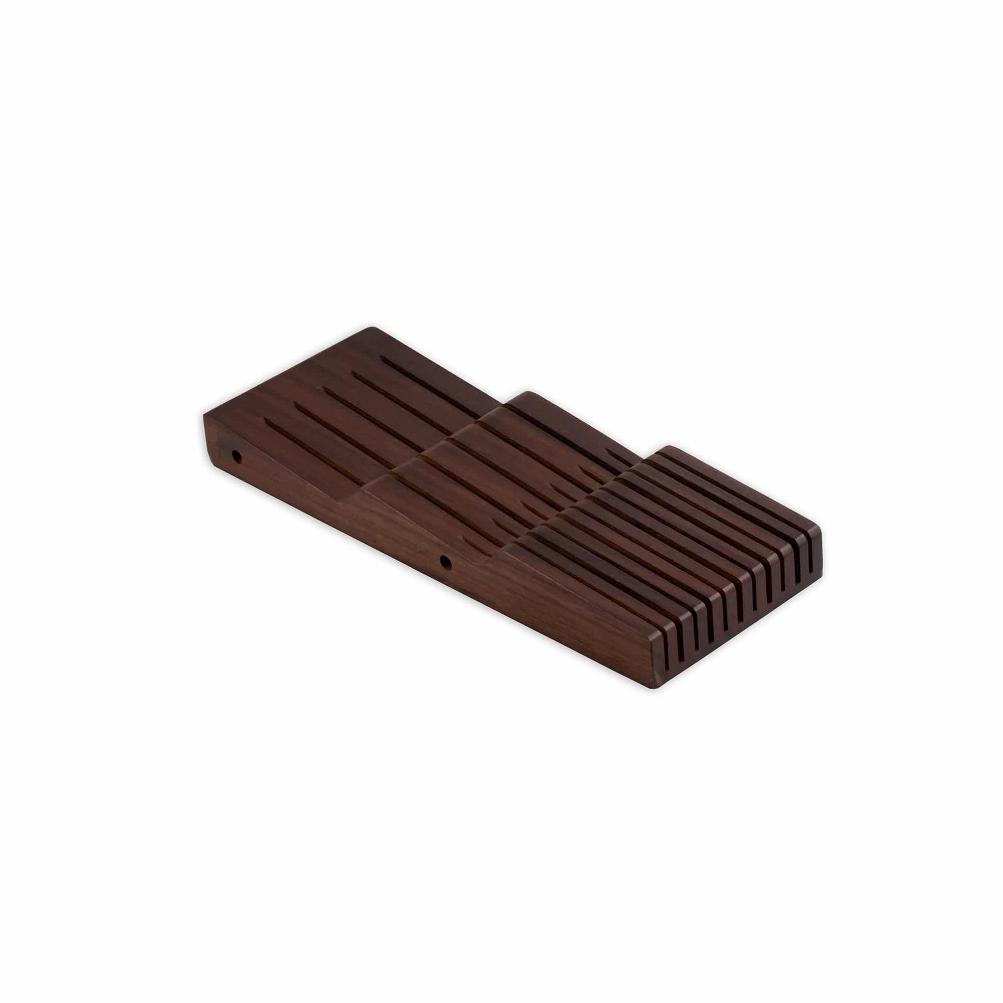 Messermeister 11 Slot Contemporary Acacia In-Drawer Knife Holder shows the 3 layered wood storage unit on a white background pointing to the left.