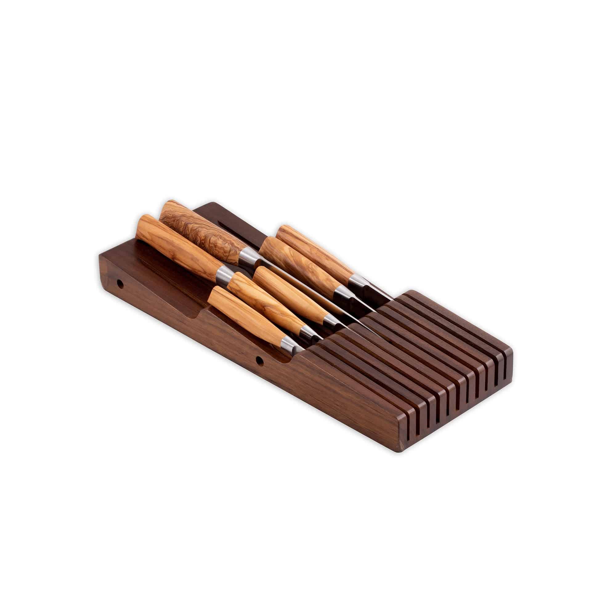 Messermeister 11 Slot Contemporary Acacia In-Drawer Knife Holder shows 7 Olive Wood knives stored within the slots. On a white background.