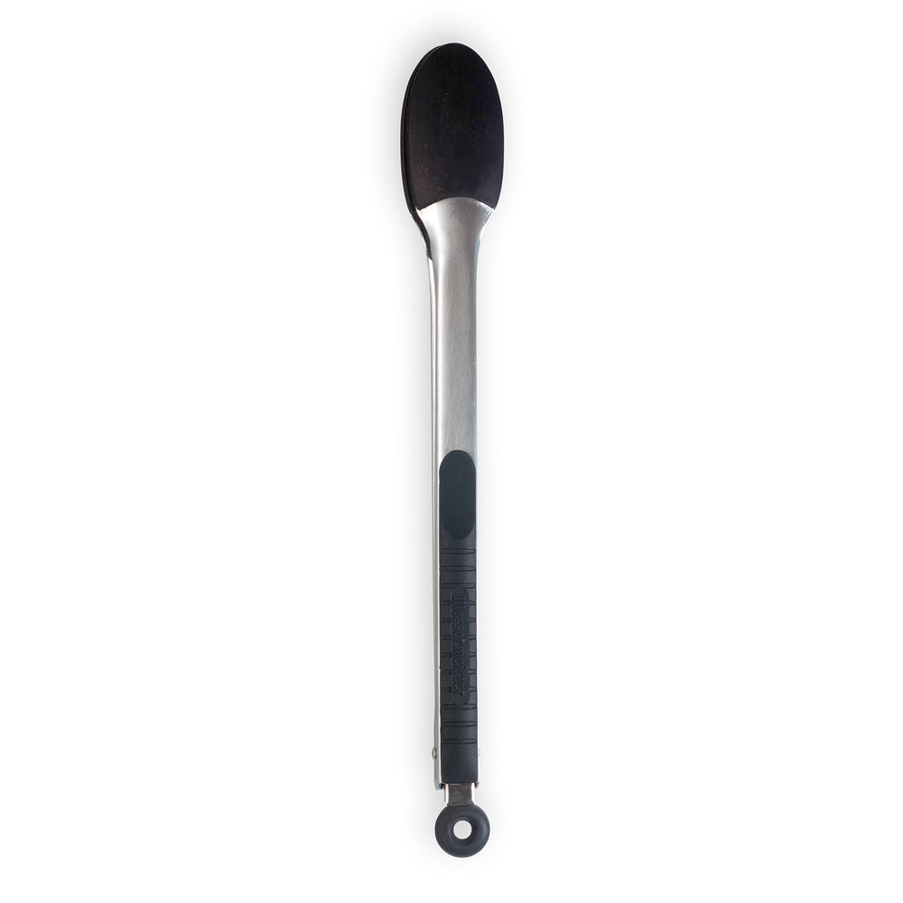 Messermeister 12 Inch Silicone Coated Locking Tongs shown closed and pointing up