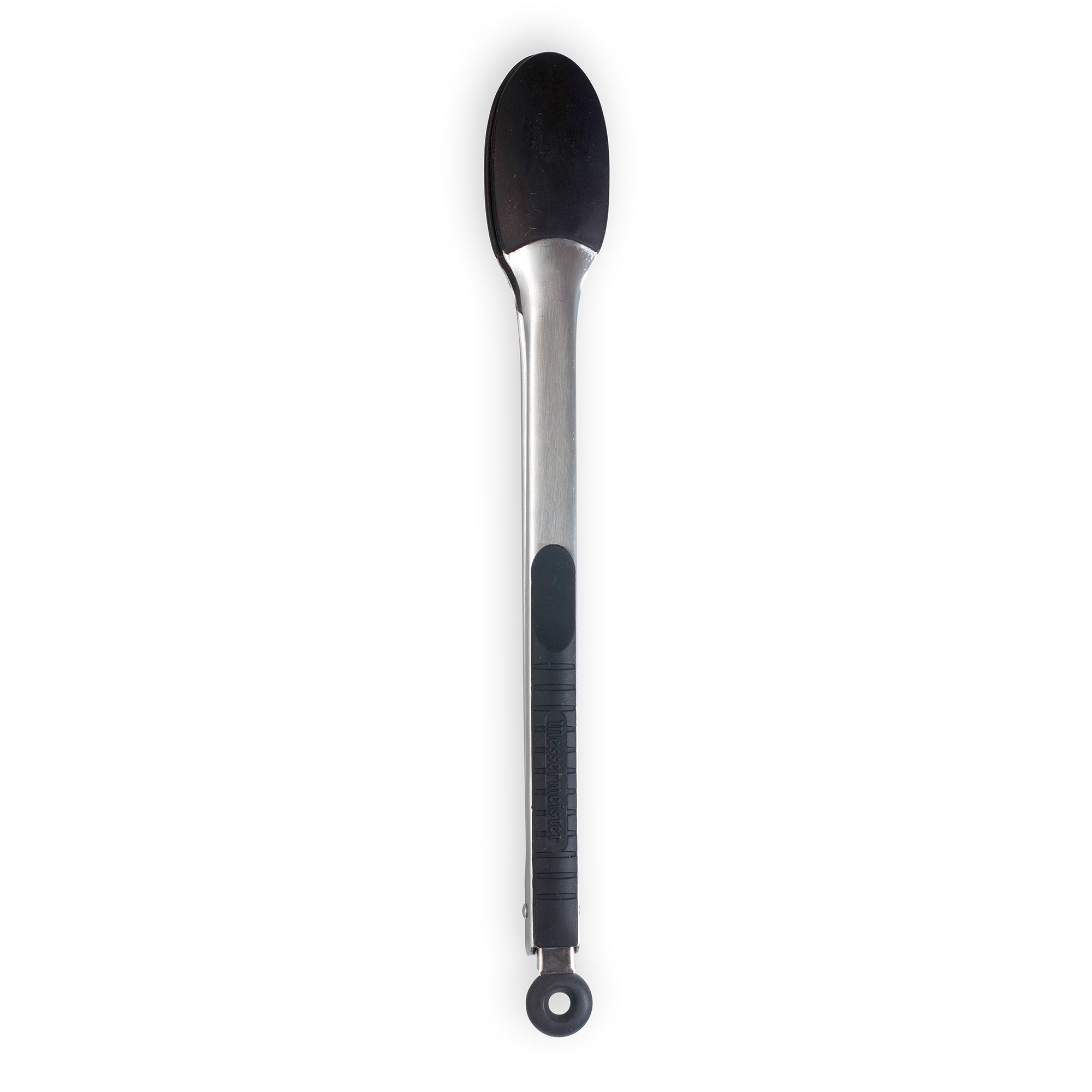 Messermeister 12 Inch Silicone Coated Locking Tongs shown closed and pointing up