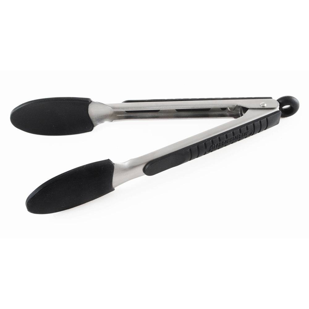 Messermeister 9 Inch Silicone Coated Locking Tongs side view opened
