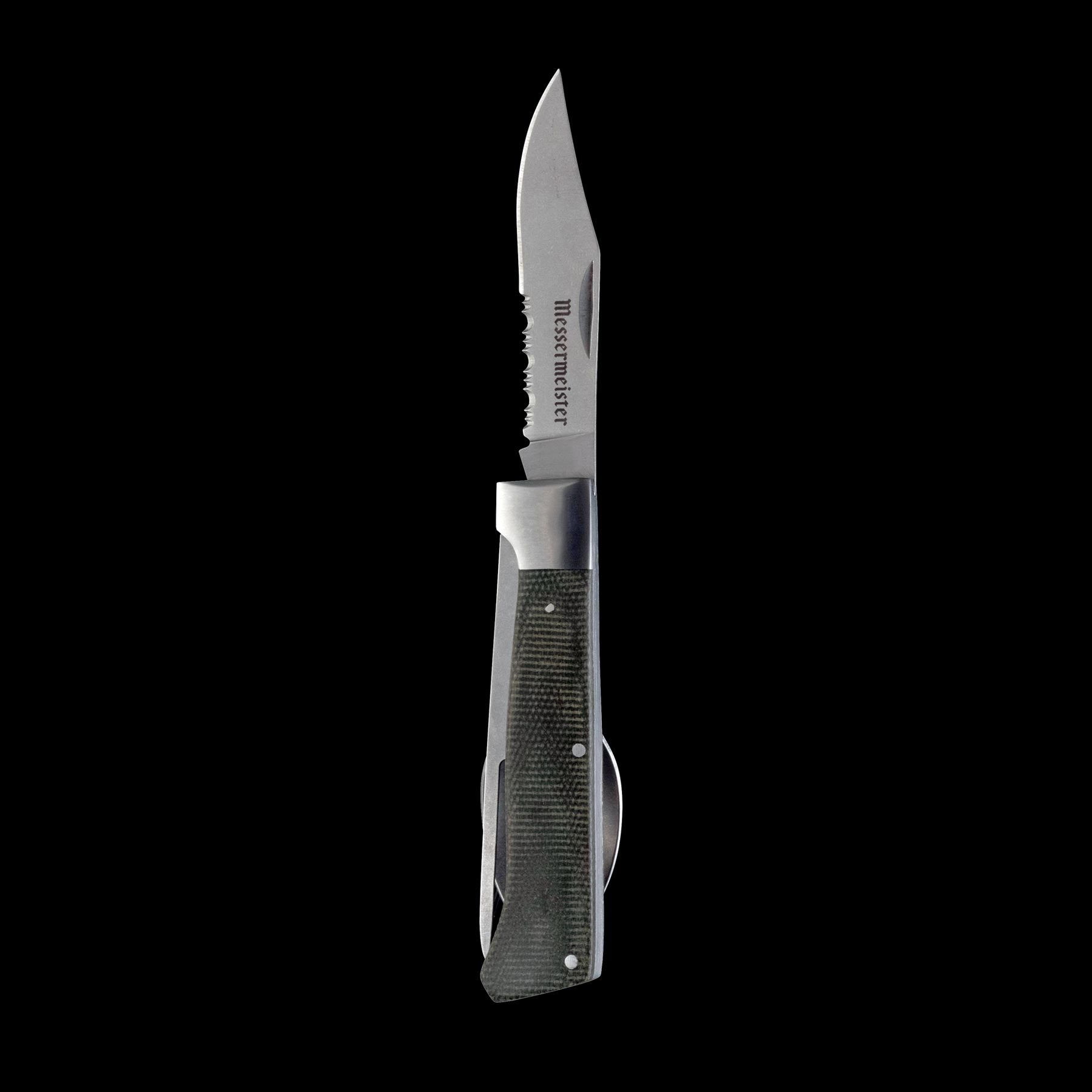 Messermeister Adventure Chef Folding Camp Utensil showing the steak knife extended and the spoon and fork with bottle opener folded into the linen micarta handle.