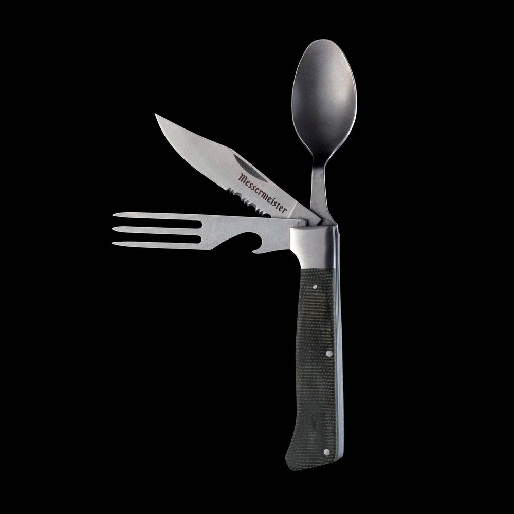 Messermeister Adventure Chef Folding Camp Utensil with a spoon, steak knife, and fork with bottle opener that fold into the linen micarta handle.